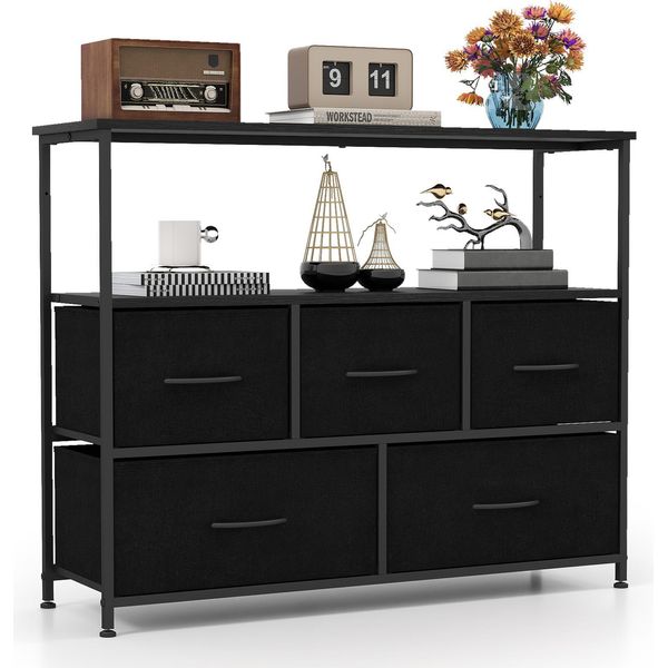 Cassettiera Costway Con 5 Cassetti E Ripiani In Tessuto, Cassettiera Con Piano In Legno E Struttura In Metallo, Mobile Contenitore, 100 × 30 × 80 Cm, Nero-image