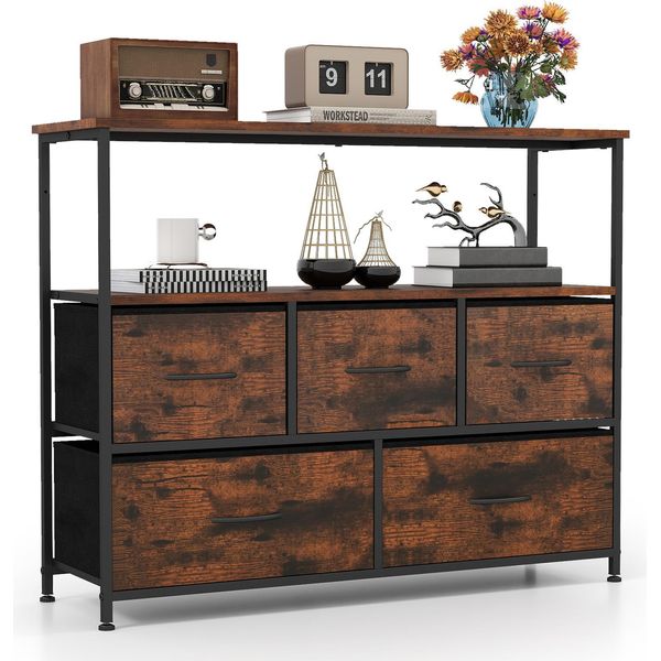 Cassettiera Costway Con 5 Cassetti In Tessuto E Ripiani, Cassettiera Con Piano In Legno E Struttura In Metallo, Mobile Contenitore, 100 × 30 × 80 Cm, Marrone-image