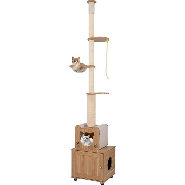 Costway Tiragraffi A Soffitto, 257-276 Cm, Albero Per Gatti Con Casetta Per Gatti, Piattaforme, Capsula Spaziale, Tiragraffi In Sisal E Corda, Tiragraffi Per Gatti, Marrone-image