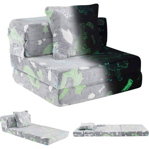 Costway Divano Per Bambini 3 In 1 Fosforescente, Poltrona Per Bambini Con Cuscino E Rivestimento, Divano Per Bambini Con Funzione Letto, Divano Gioco Per La Stanza Dei Bambini, Grigio-image