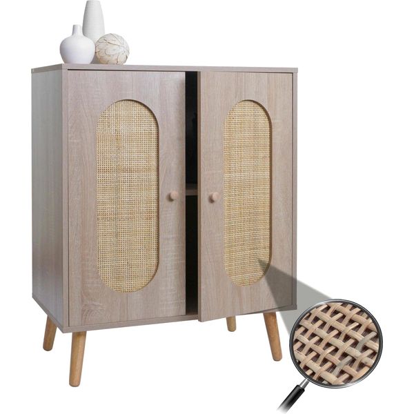 Cassettiera HWC-M35, Credenza Credenza Alta, Vani Portaoggetti, Melamina Di Legno Kubu Rattan, Aspetto Rovere-image