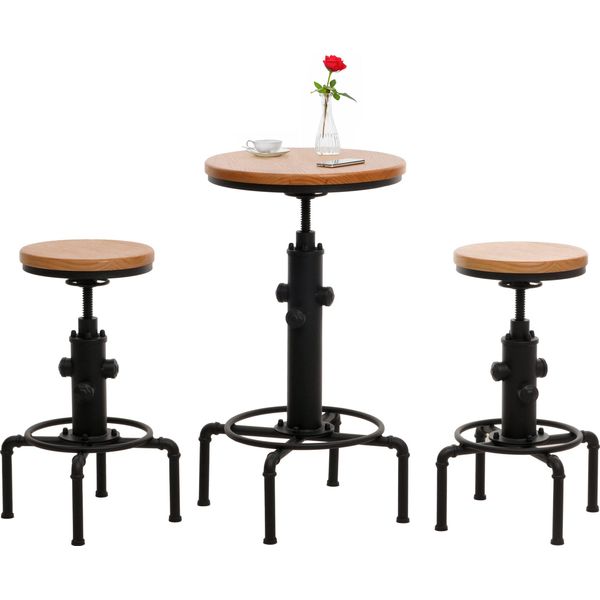 Set Tavolo Da Bar + 2X Sgabello Da Bar HWC-N23, Sgabello Da Bar Tavolo Alto Altezza Regolabile Poggiapiedi Girevole Legno Industriale Ferro ~ Naturale-image