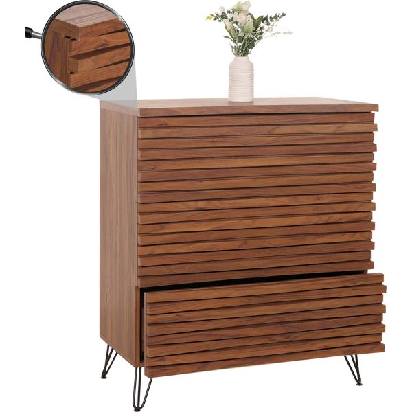 Cassettiera HWC-M49, Credenza Mobile Alta, Design 3D 3 Cassetti Mdf Metallo 94X80X45Cm ~ Aspetto Noce-image