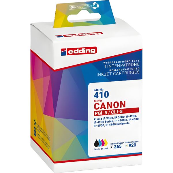 Edding 18-410/18-410-01 Edding EDD-410 Schwarz, Cyan, Magenta, Gelb Druckerpatronen Kompatibel Zu Canon PGI-5 Bk, CLI-8 C/M/Y, 4Er-Set-image