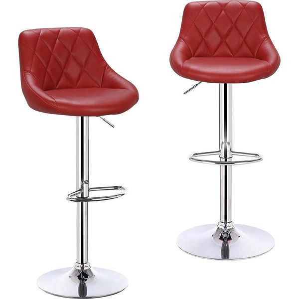 Set Di 2 Sgabelli Da Bar - Girevole - Altezza Regolabile 84-106 Cm - Similcuoio - Con Schienale - Poggiapiedi - Struttura Cromata - Rosso Vino-image