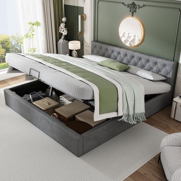 Letto Imbottito Flieks 180X200Cm, Letto Contenitore Con Contenitore E Rete A Doghe, Letto Matrimoniale In Velluto Letto Funzionale In Legno, Grigio-image
