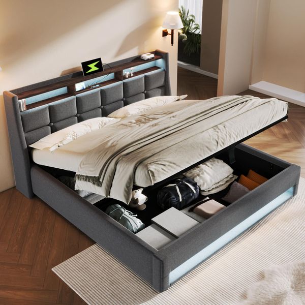 Letto Imbottito Flieks 180X200Cm Con Usb, Letto Per Ragazzi Letto Matrimoniale Con Rete A Doghe E Contenitore, Letto Contenitore Con Led, Lino, Grigio-image