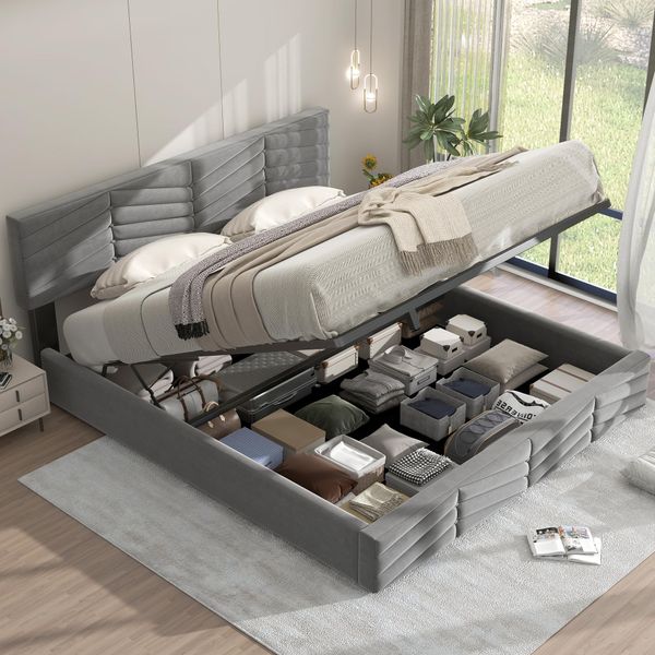 Letto Imbottito Merax 160X200Cm Con Testata Regolabile In Altezza, Letto A Molle Idrauliche Con Rete A Doghe E Contenitore, Letto Matrimoniale In Legno Velluto, Grigio-image