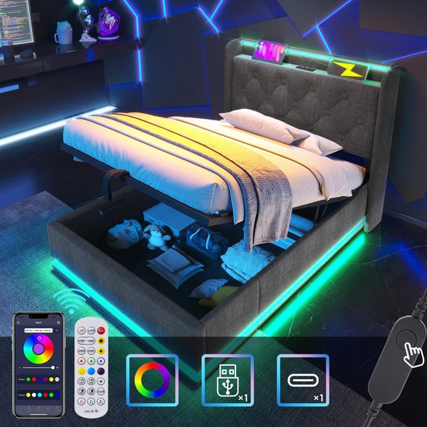 Letto Imbottito Flieks 90X200Cm Con Funzione Di Ricarica (Usb&Typ-C), Letto Giovanile Letto Singolo Letto Contenitore Con Led, Letto A Molle Idrauliche, Biancheria, Grigio-image
