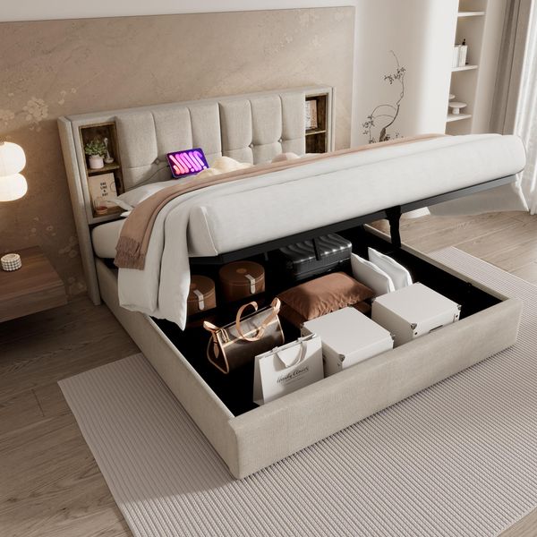 Letto Imbottito Flieks 160X200Cm Con Usb E Tipo C, Letto Contenitore A Molle Idrauliche Con Rete A Doghe, Letto Matrimoniale Letto Per Ragazzi Letto In Legno, Biancheria, Beige-image