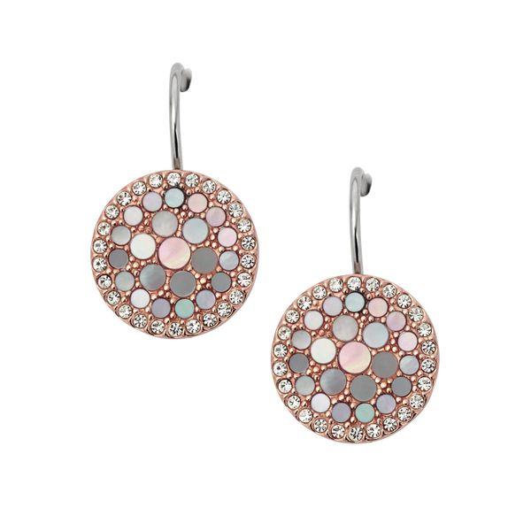 Paar Ohrhaken Fossil "Schmuck Edelstahl Ohrringe Disc Drop Vintage Glitz", Rosa (RoséGoldfarben, Edelstahlfarben, Perlmuttfarben, Kristallweiß, Kristallweiß), Ohrringe, Damen, Edelstahl, Mit Glasstein - Mit Perlmutt-image