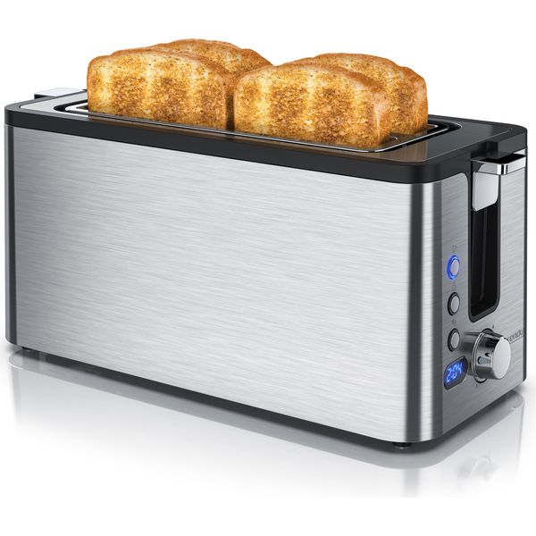 Tostapane Arendo In Acciaio Inox A Fessura Lunga 4 Fette - Funzione Di Scongelamento - Alloggiamento Termoisolante - Con Portapane Integrato - Vassoio Raccoglibriciole - Display Con Indicatore Del Tempo Residuo-image