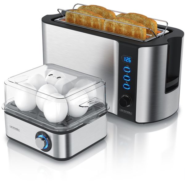 Set Da Colazione Arendo 2 Pezzi - Tostapane A 4 Fessure Lunghe, Cuociuova A 8 Fessure, Argento-image