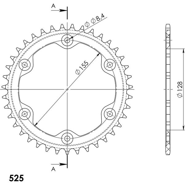 Pignone In Alluminio Supersprox 525 - 38T (Nero) RAL-613:38-BLK|ID 128,0 Lk 155,0 6 Fori-image