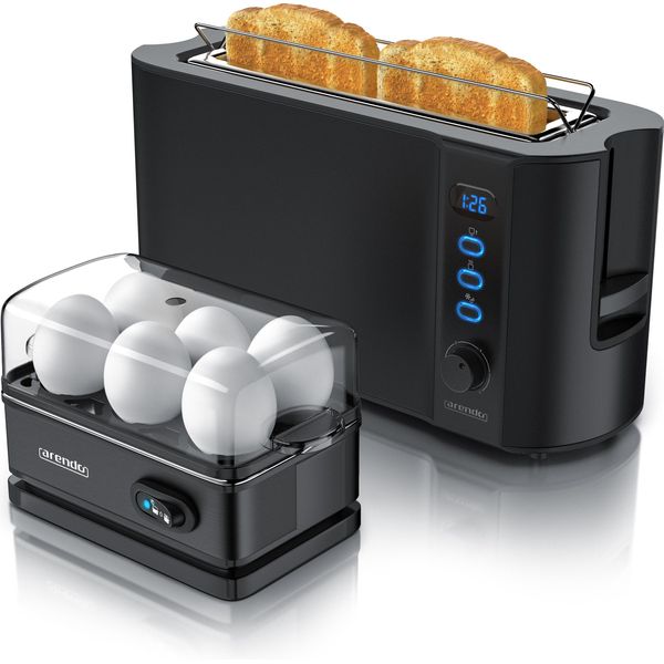 Arendo - Set Tostapane Frukost Con Cuociuova Sixcook In Acciaio Inox Nero, Tostapane 2 Fette, Display Led, 6 Livelli Di Doratura, Porta Panini - Cuociuova 1-6 Uova, Misurino-image