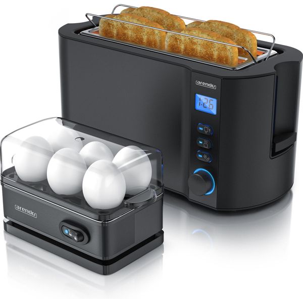 Arendo - Set Tostapane Manha Con Cuociuova Sixcook In Acciaio Inox Nero, Tostapane 4 Fette, Display Led, 6 Livelli Di Doratura, Porta Panini - Cuociuova 1-6 Uova, Misurino-image