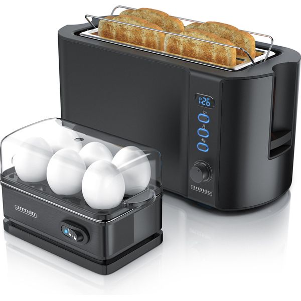 Arendo - Set Tostapane Frukost Con Cuociuova Sixcook In Acciaio Inox Nero, Tostapane 4 Fette, Display Led, 6 Gradi Di Doratura, Porta Panini - Cuociuova 1-6 Uova, Misurino-image