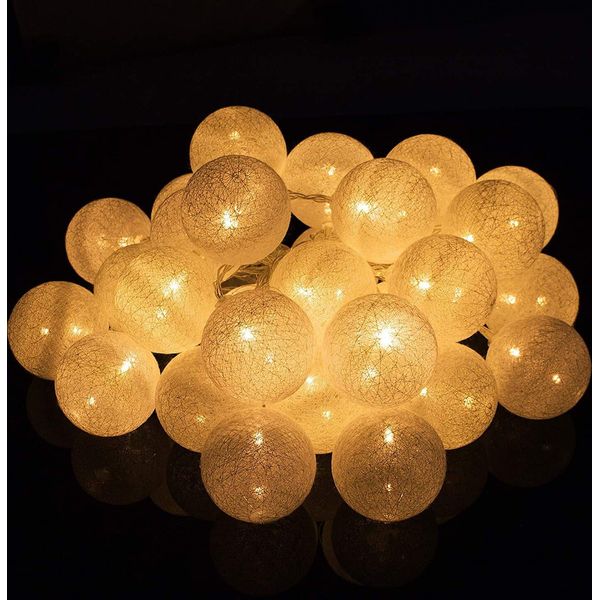 Springos_ Luci Fiabesche Palle Di Cotone Con 30 Led_Luci Fiabesche A Led_Bianco_600 Cm_Azionato A Batteria_Stanza Dei Bambini_Luci A Led_Illuminazione Decorativa (Bianco 30 Led 6 M)-image