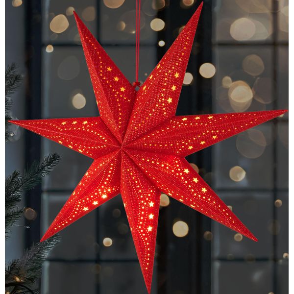 Brubaker Stella Di Natale 3D Da Appendere - Stella Di Carta A Led Con Timer - Stella Dell'avvento Da 60 Cm A Batteria, Rosso-image