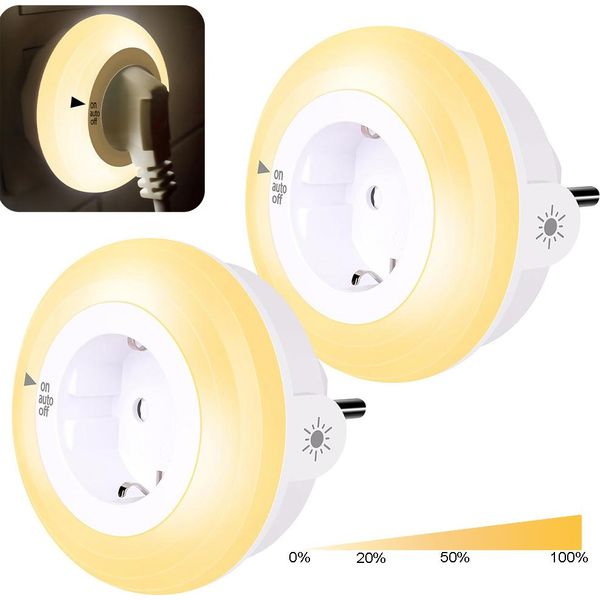 2 Pezzi Led Luce Notturna Presa Dimmerabile Sensore Crepuscolare, Lampada Notturna Auto / On / Off Touch Camera Da Letto Soggiorno Corridoio Scale Seminterrato, Bianco Caldo-image