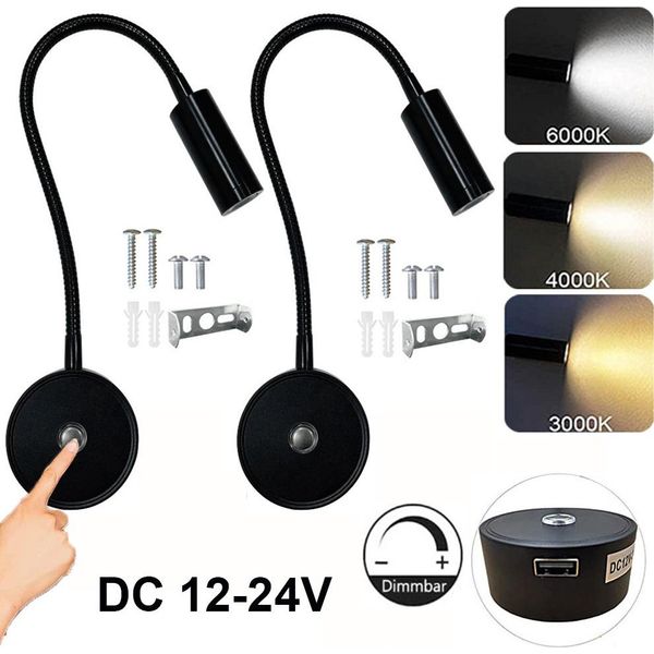 2 Pezzi Lampada Da Parete A Led Dimmerabile 3 Colori Di Luce, Lampada Da Lettura Braccio Flessibile, Lampada Da Parete Touch Connessione Usb 12-24V Interno Rv Camper Barca, Nero-image