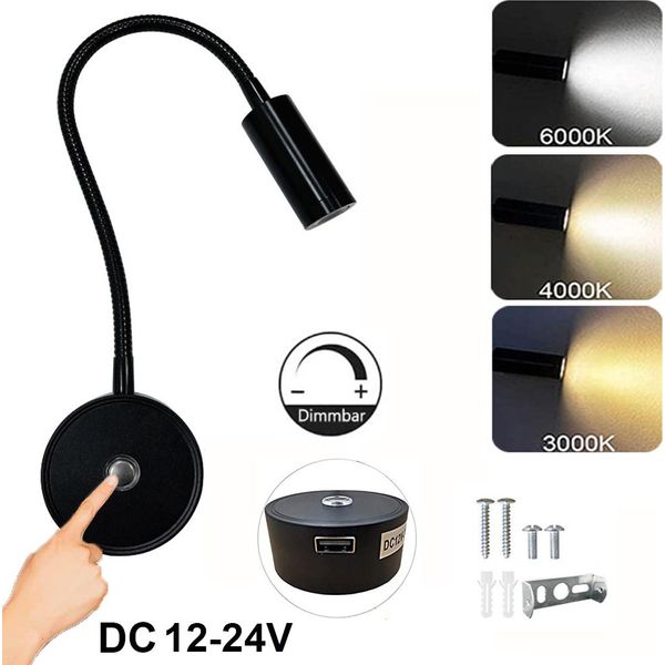 Lampada Da Parete A Led Dimmerabile A 3 Colori Di Luce, Lampada Da Lettura Braccio Flessibile, Lampada Da Parete Interruttore A Sfioramento Connessione Usb 12-24V Interno Rv Camper Barca, Nero-image