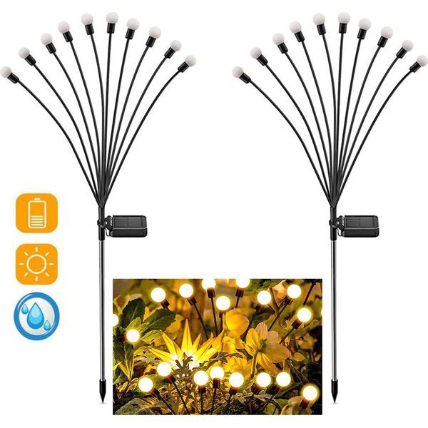 2 Pezzi Illuminazione Solare Da Giardino Lucciola Con 10 Led Picchetto A Terra, Lampada Solare Da Esterno Impermeabile IP65, Illuminazione Decorativa Giardino Cortile Balcone, Bianco Caldo-image
