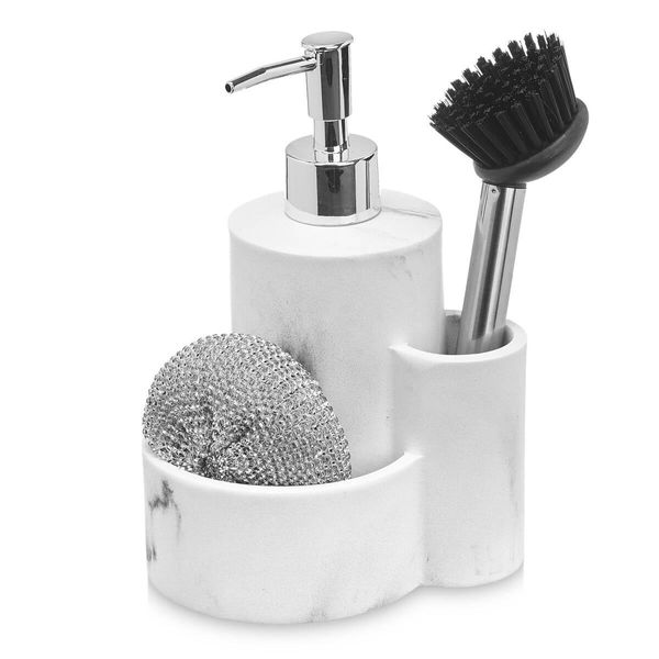 Dispenser Di Detersivo, Motivo In Marmo, Spazzola Di Pulizia + Spazzola Metallica-image