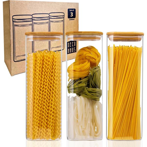 Set Di 3 Barattoli Riutilizzabili Da 2300 Ml In Vetro Borosilicato Con Coperchi In Bambù, Ermetici, Senza Bpa, Lavabili In Lavastoviglie, Altezza 28,5 Cm - Deco Haus Quadrat-image