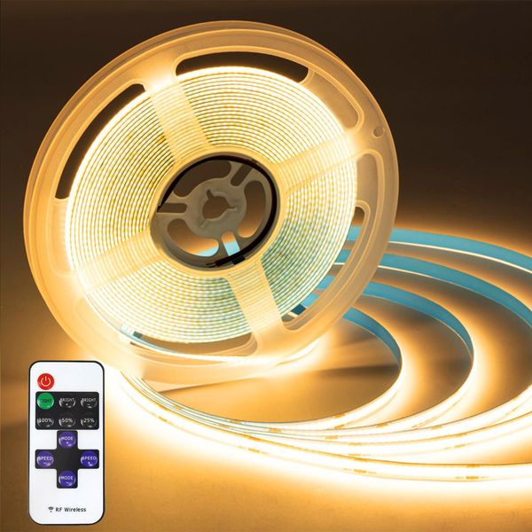 Striscia Led Cob Dimmerabile, Striscia Luminosa Led 5M Bianco Caldo, Striscia Led Autoadesiva 1600Leds Telecomando Cri 93+ Per Cucina Scale Soggiorno Camera Da Letto-image