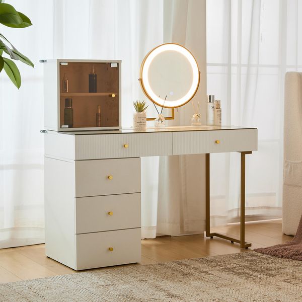 Flieks Tavolo Da Toilette Con Specchio A Led, Tavolo Da Trucco Con 5 Cassetti, Tavolo Da Toilette Con Piano In Vetro E Mobiletto, Bianco-image