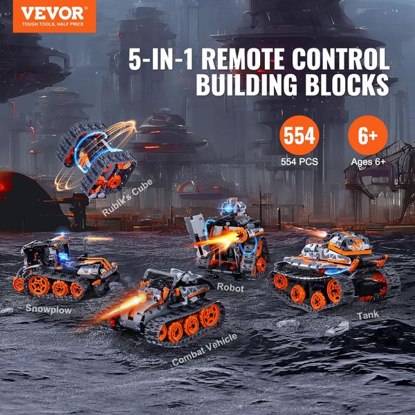 Vevor Stem Giocattolo Da Costruzione Per Bambini, 5 In 1, 554 Parti, Kit Di Auto Telecomandate, Auto/Robot/Carro Armato/Cubo Magico/Spazzaneve Telecomandati E Controllati Da App, Set Di Costruzione Robot Rc Stem-image