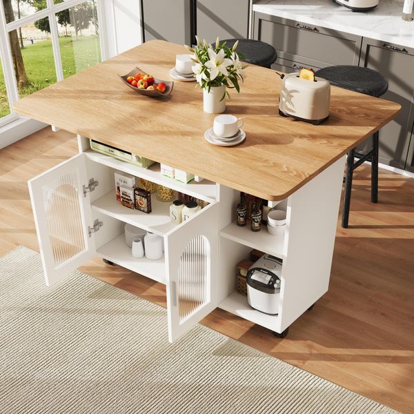 Isola Da Cucina Sweiko, Isola Da Cucina Moderna, Mobile Da Cucina, Carrello Di Servizio Rimovibile, Carrello Da Pranzo Con Venature Del Legno, Mobile Buffet, Tavolo Da Pranzo Multifunzionale Con Spazio Di Archiviazione, Bianco-image