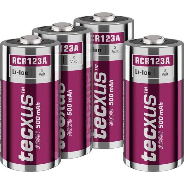 Tecxus 70763 Batteria Ricaricabile RCR123 - 500 Mah, 4 Pezzi In Scatola, Rosa-Argento - Batteria Agli Ioni Di Litio (Li-Ion), 3,2 V-image