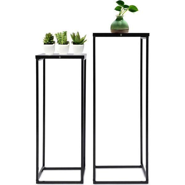 Set Di 2 Supporti Per Piante - Supporti Metallici Per Fiori - Alti Piedistalli Quadrati - 25×25×70 Cm E 22×22×60 Cm - Montaggio - Nero-image