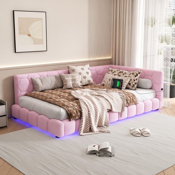 Letto Imbottito Flieks 90X200Cm Con Usb, Divano Letto Con Rete A Doghe, Letto Da Giorno Per Giovani Con Led, Letto Per Ospiti Divano Letto Singolo, Velluto, Rosa-image