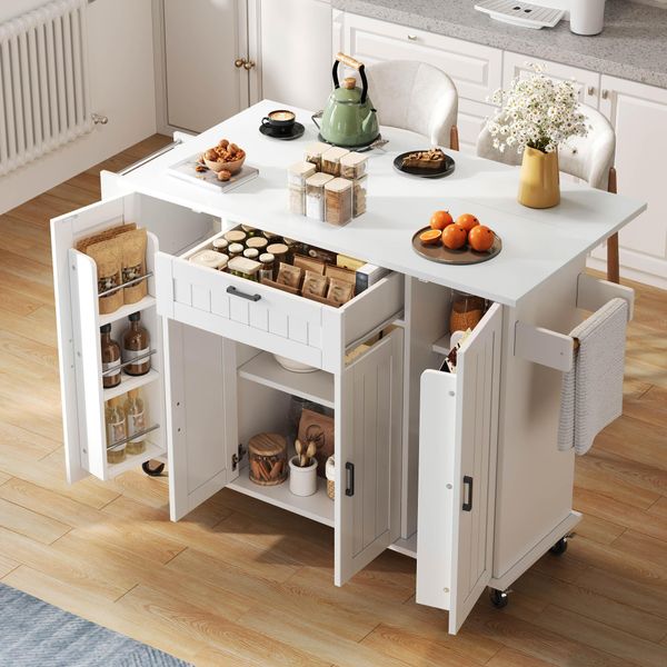 Isola Cucina Fortuna Lai Con Piano Di Lavoro Ribaltabile, Carrello Cucina Su Ruote, Armadio Cucina Con 4 Ante E 1 Cassetto, Ripiani Per Spezie Integrati Nelle Ante, Portasciugamani Doppio, Bianco, 120×45(70)×9-image