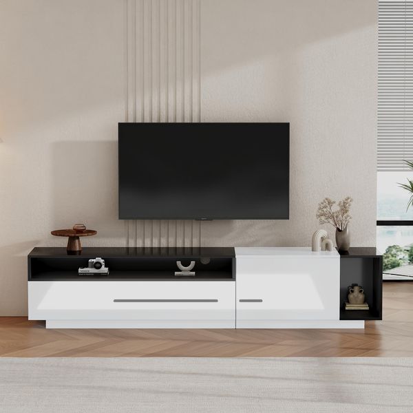 Mobile Tv Merax Lucido Con Cassetto, Mobile Tv Con Anta E Vano A Giorno, Per Tv Fino A 70 Pollici, 170 Cm, Bianco + Nero-image