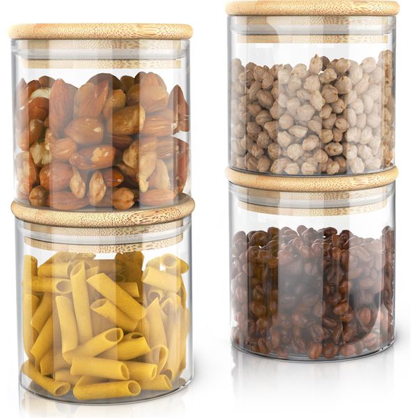 Arendo Barattoli Per La Conservazione, Set Di Barattoli In Vetro 4X 0,75 L In Vetro Borosilicato Con Coperchio In Bambù, Ermetici, Set Di 4, Resistenti Al Calore, Ecologici, Durevoli, Adatti Al Microonde-image
