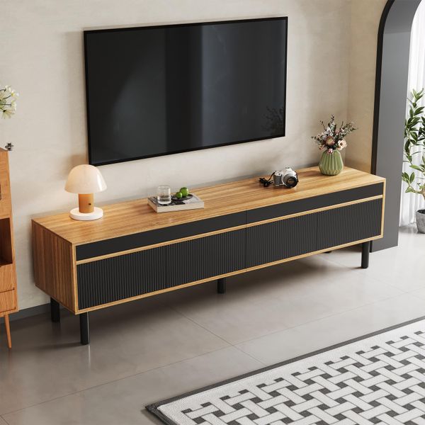 Mobile Tv Merax A 3 Ante Con Gambe In Legno, Porta Tv Con Spazio Di Archiviazione, Mobile Tv Con Ante Ad Apertura Push-To-Open, Design A Righe, Nero Naturale-image