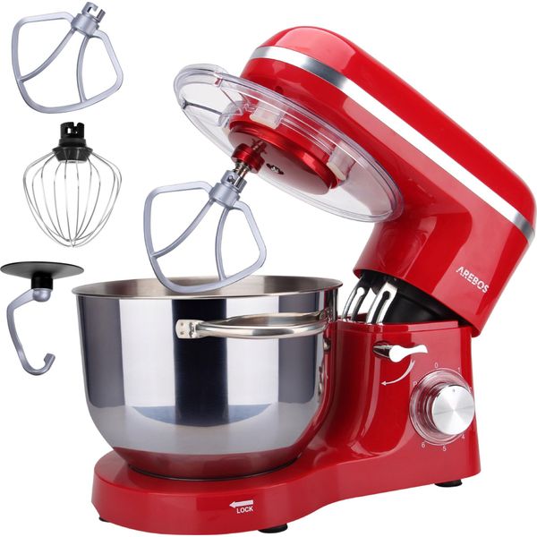 Robot Da Cucina Arebos 1500 W | 6 L Acciaio Inox | Sbattitore, Gancio Per Impasto E Frusta, Rosso-image