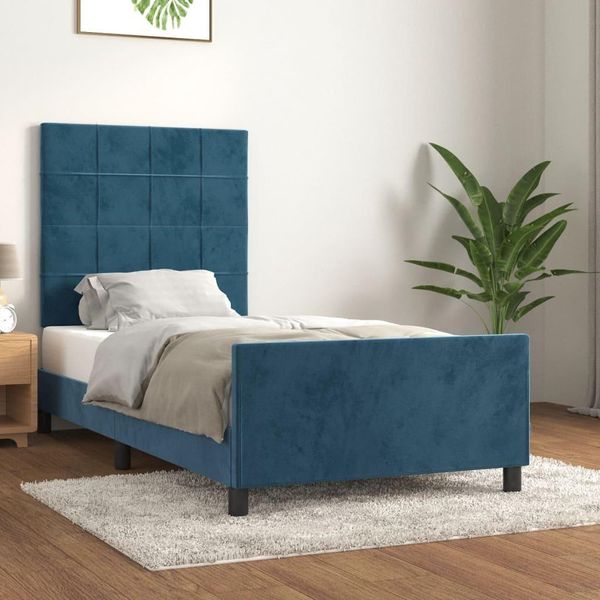 The Living Store Struttura Letto Con Testiera In Velluto Blu Scuro 90X190 Cm-image