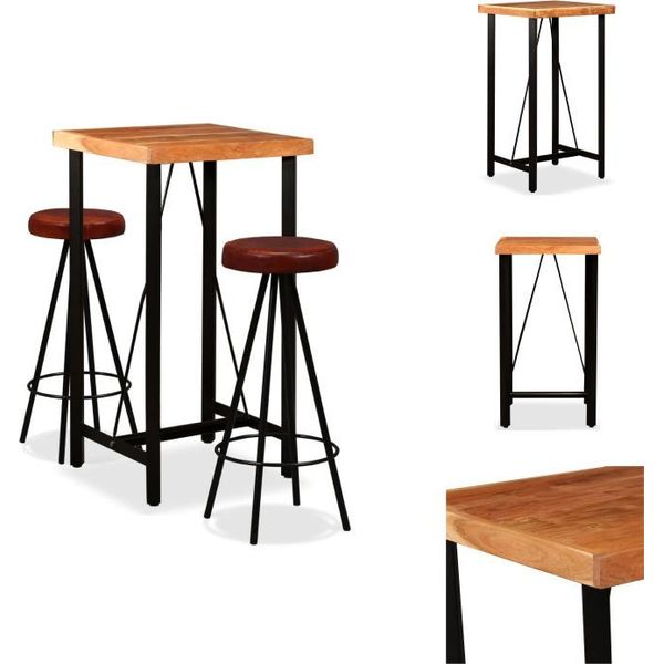 Vidaxl Set Da Bar 3 Pezzi In Legno Massiccio Di Acacia E Vera Pelle - Gruppi Da Pranzo-image