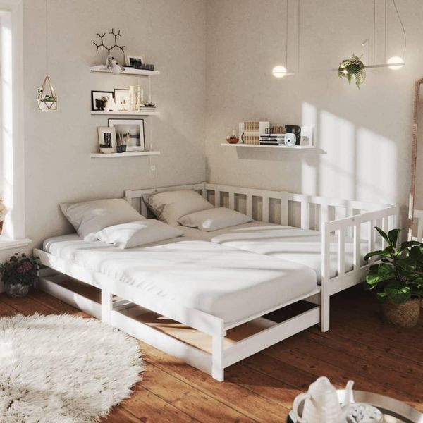 The Living Store Letto Da Giorno Allungabile 2X(90X200) Cm In Legno Di Pino Massiccio Bianco-image