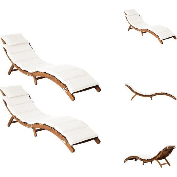 Vidaxl Lettini Prendisole Con Cuscini 2 Pz. Bianco Crema In Legno Massiccio Di Acacia - Lettini Prendisole-image