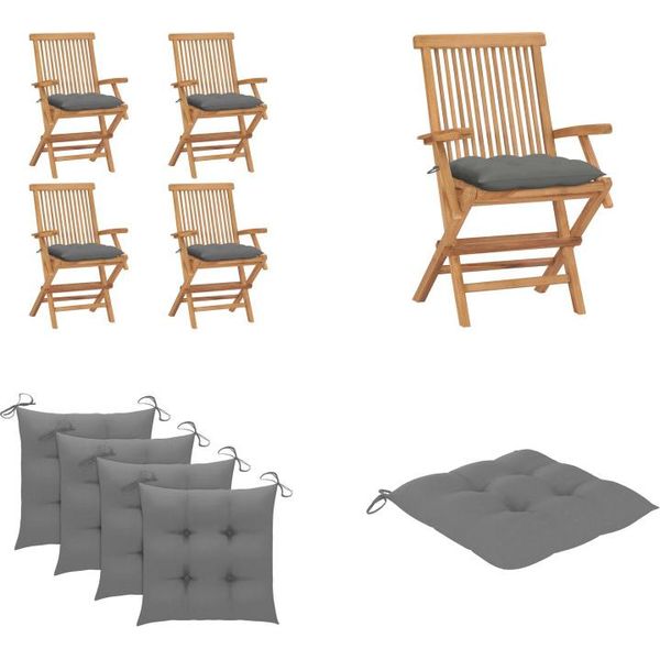 Vidaxl Sedie Da Giardino Con Cuscini Grigi 4 Pz. Legno Massiccio Teak - Sedia Da Giardino - Sedie Da Giardino - Sedia Da Giardino In Legno - Sedia Da Giardino In Legno Massiccio-image