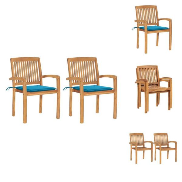 Vidaxl Sedie Da Giardino 2 Pezzi Con Cuscini Blu In Legno Massiccio Teak - Sedie Da Giardino-image