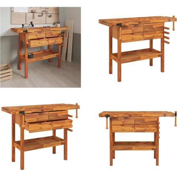 Vidaxl Banco Da Lavoro Con Cassetti Morse 124X52X83 Cm In Legno Di Acacia - Banco Da Lavoro - Banchi Da Lavoro - Tavolo Da Lavoro - Postazione Di Lavoro-image