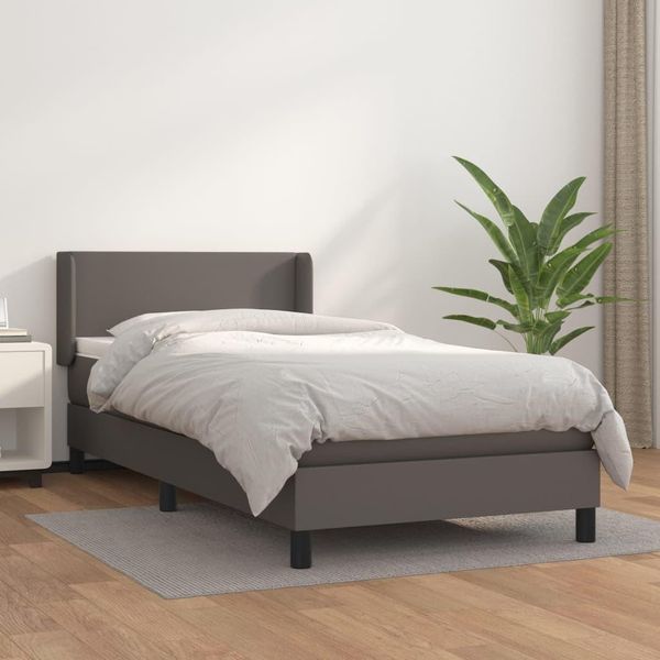 The Living Store Letto A Molle Con Materasso Grigio 90X200 Cm In Pelle Finta-image