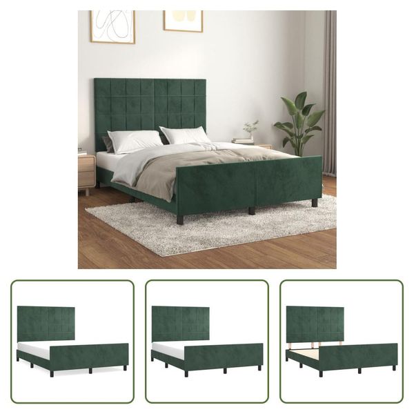 The Living Store Struttura Letto Con Testiera In Velluto Verde Scuro 140X200 Cm-image